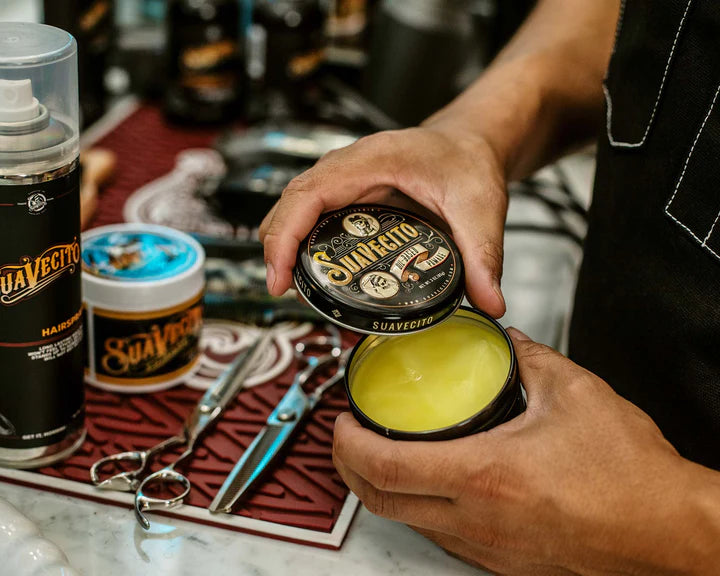 Luciffers.com • Porto barber • Suavecito pomade • Firme Hold • strong hold • medium shine • water‑soluble • easy wash‑out • no flakes • creamy texture • gel‑like • slick‑back • pompadour • all‑day style