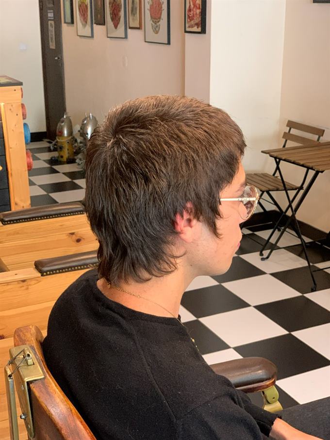 Corte curto escuro com franja — visto de trás